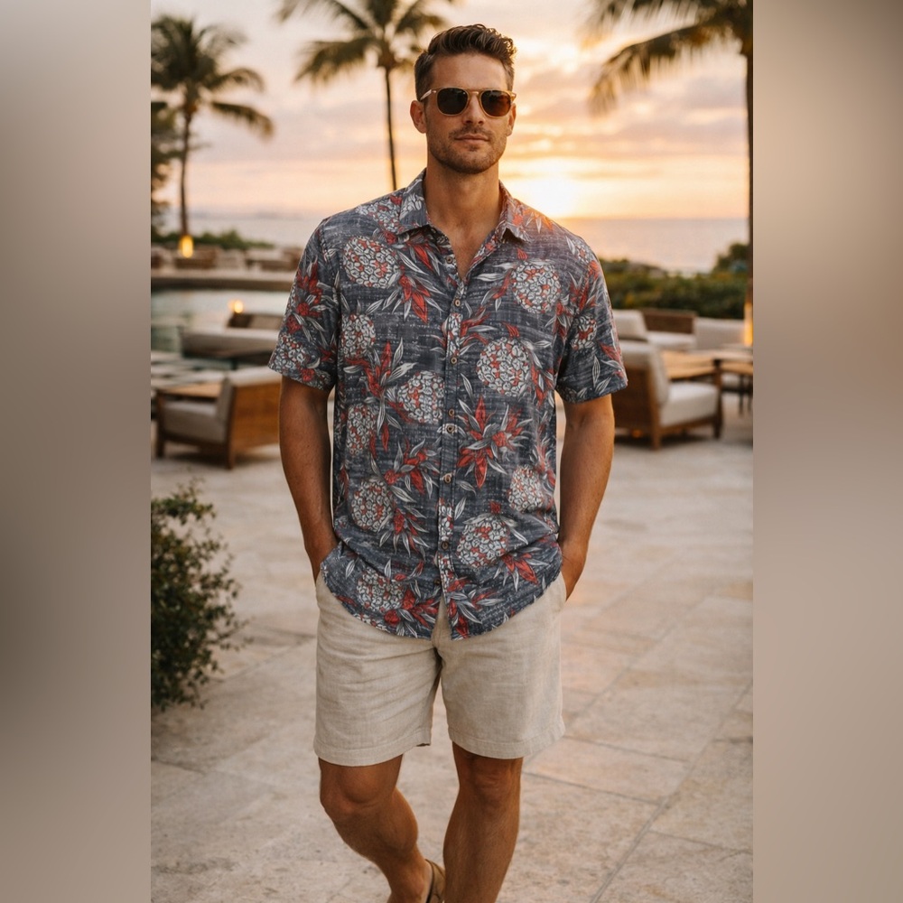 Departwest Hawaiian Shirt XL Gray Pineapple Print Rayon Button Front Aloha